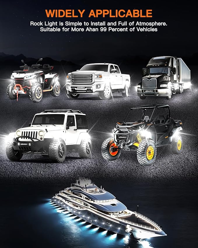LEDMIRCY R1 Pure White LED Rock Lights Kit with Roker Switch Wire Harness 12PCS High Power Rock Lights White for Trucks Off Road ATV UTV SUV Underglow Trail Rig Light Under Body Waterproof Light
