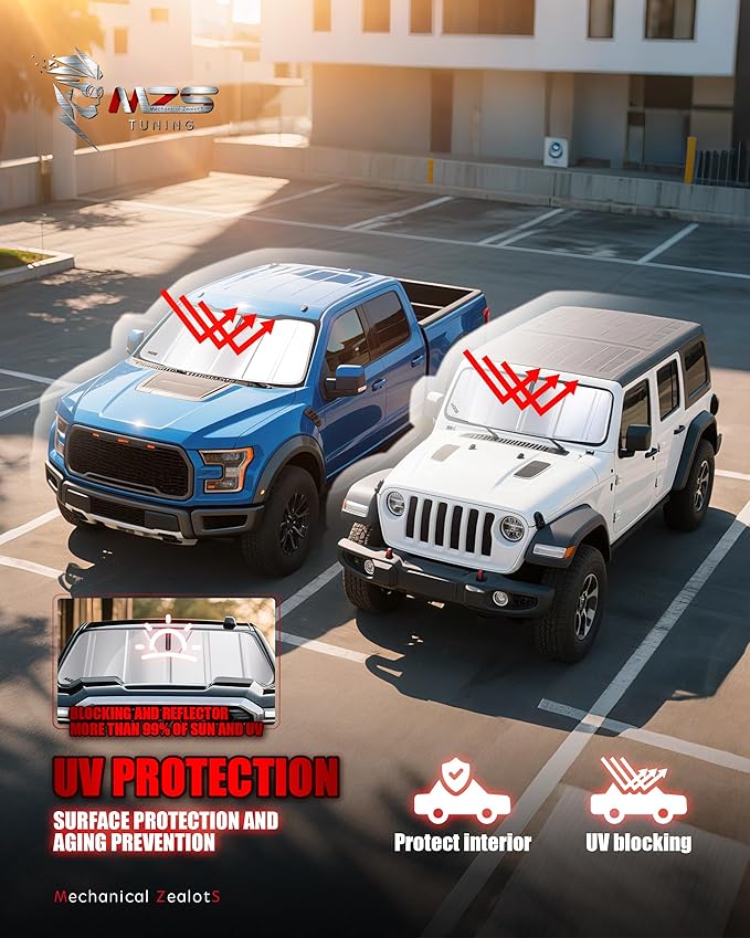 MZS Windshield Sun Shade Compatible with Ram 1500 2009-2018 / RAM1500 Classic 2019-2024, 6 Layers Foldable Truck Sunshade Accessories, Front Window Sun Visor Shield for Interior Protector