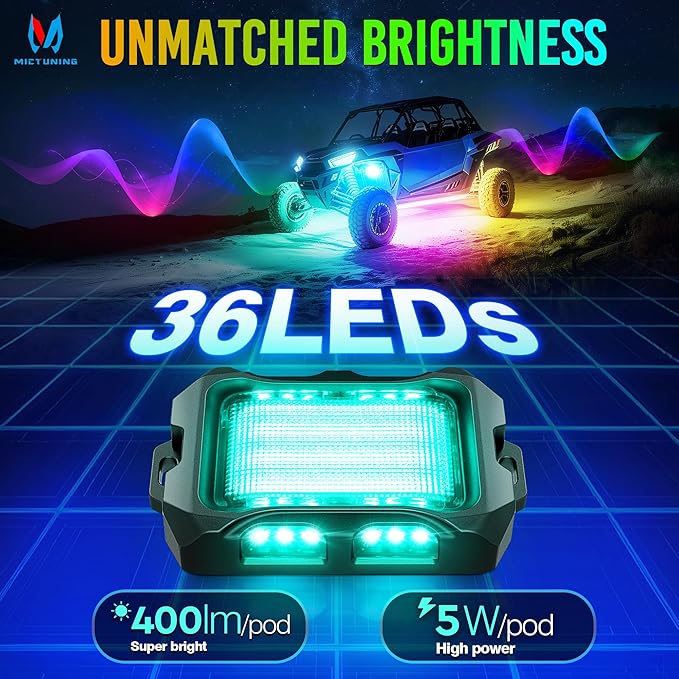MICTUNING Q2+ MAX RGB+IC Rock Lights - 16 Pods Multi-Color DIY Effect Underglow Neon Kit, Individual Group Control, APP Music Sync, IP68 Waterproof
