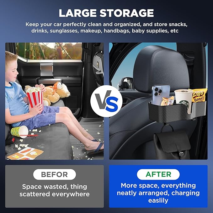 Car Headrest Backseat Organizer with Cup Holder,3 in 1 Backseat Cup Holder, Storage Box Organizer & Hooks for Car, for Hold Phone,Snacks, Drinks, Handbag, Compatible with Most Vehicles Black 1pcs (1)