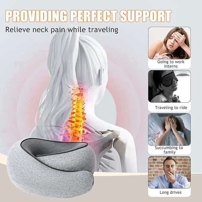 Travel Neck Pillows for Airplanes Or Cars, 360° Head Support for Comfort On Long Flight, Skin-Friendly and Breathable, Kit with 3D Contoured Eye Mask, Earplugs and Storage Bag