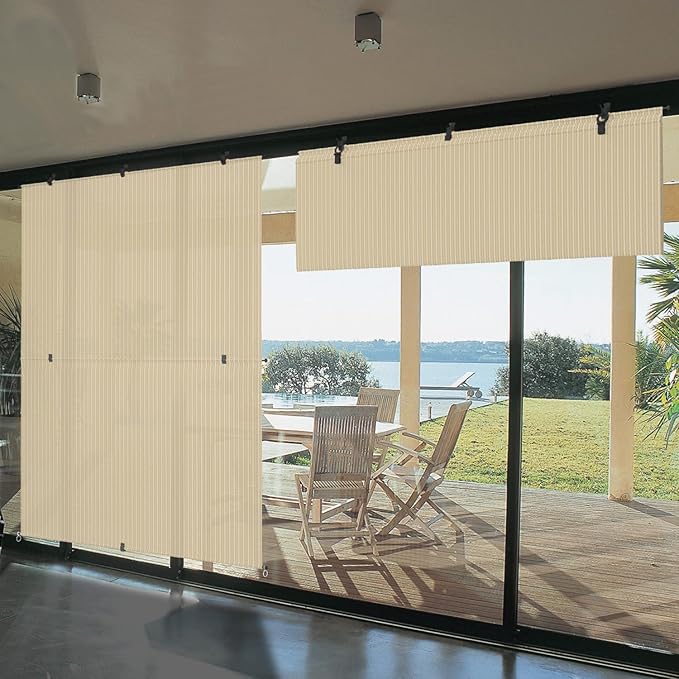 Bynbbur 7'W x 9'H Outdoor Patio Shades Foldable Roller Blinds, 220 GSM Sun Shade Roll Up Porch Screens Exterior Shade Cloth for Deck Pergola Backyard, Beige