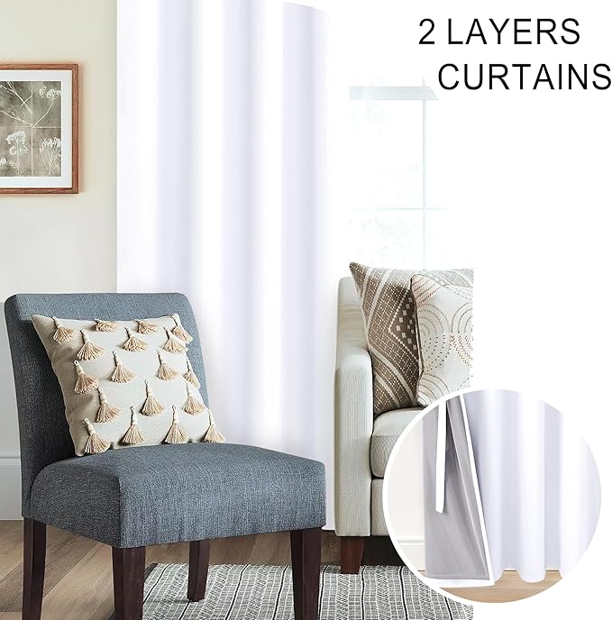 XWZO White 100% Blackout Curtains with Tiebacks- 2 Thick Layers Completely Shaded Window Treatment Thermal Insulated Lined Drapes with Grommets for Bedroom/Laundry, White, W38 x L54, Set of 2 Panels