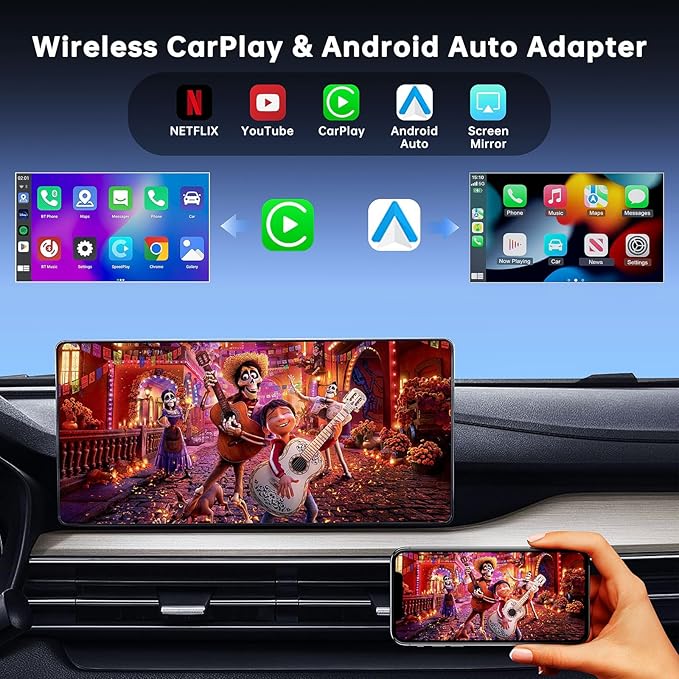 5-in-1 Android Auto Wireless Adapter and Apple CarPlay Adapter, Wireless Carplay Adapter with Netflix YouTube TF Card, Plug & Play, Easy Setup, Magic Video Ai Box for OEM Wired Apple Car Play Cars