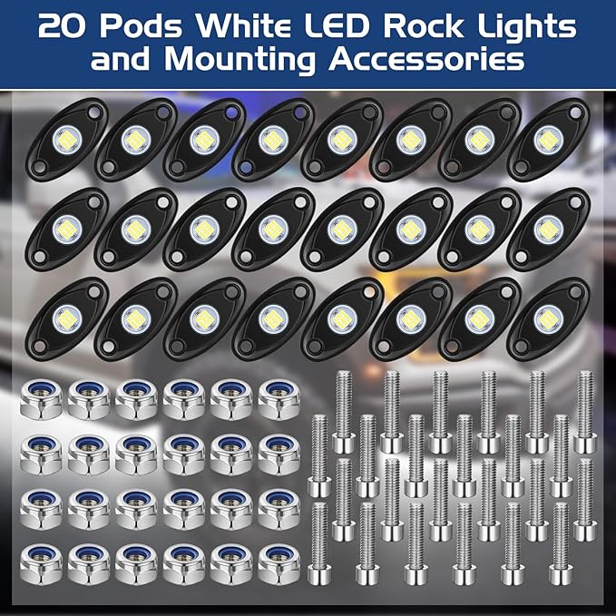 Treela 20 Pods Rock Lights Pure Ambient Underglow Lights for Car SUV Waterproof Neon Trail Rig LED Lamp Lighting for Truck Motorcycle ATV UTV(White)
