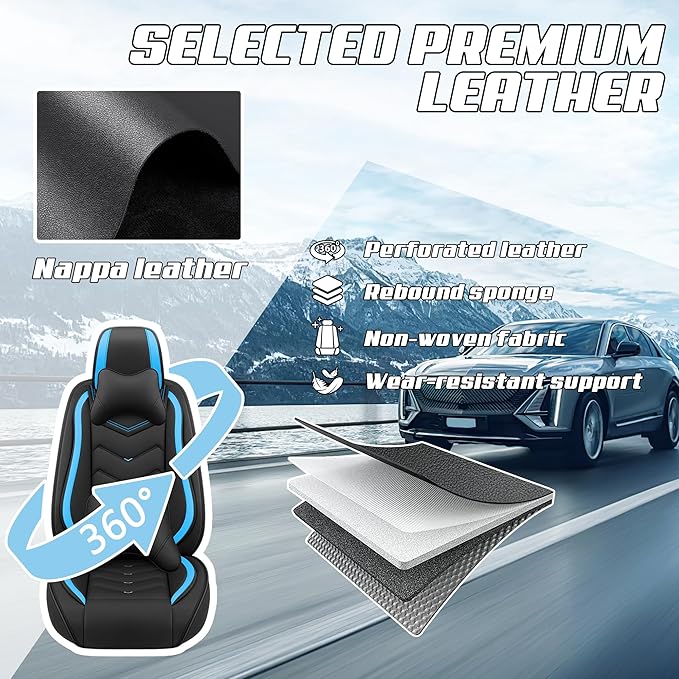 Car Seat Covers Fit for Toyota rav4 2000-2026, Stylish Sport Seat Covers, Waterproof Wear-Resistant Premium Nappa Leather Car Seat Cover.(Full Set with Pillow/Black Blue)