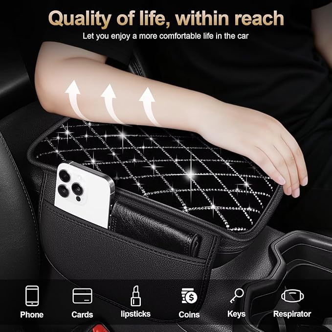 Bling Center Console Cover with 2 Side Pockets Fit for Highlander Multi-Functional Car Armrest Cushion Diamond-Studded Rhombus Pattern Style(Black&Silver Diamond)