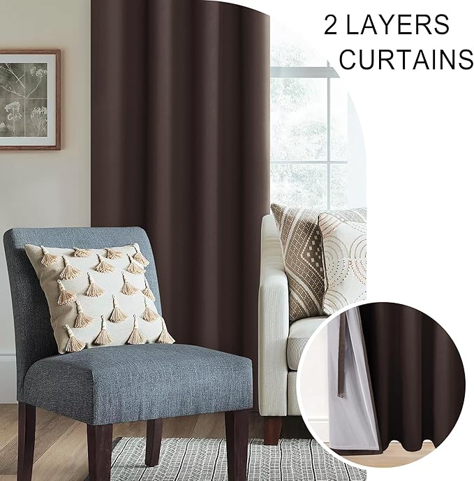 XWZO 100% Blackout Curtains 54 Inches Long with Tiebacks- Thermal Insulated & Energy Efficiency Window Draperies Grommet Top with Black Liner for Bedroom/Living Room, Brown, W42 x L54, Set of 2