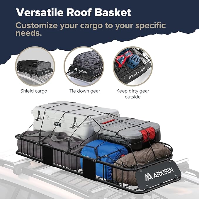 ARKSEN Skinny Roof Rack 64"x23"x6" Cargo Carrier with Waterproof Bag, Net, Straps & Anti-Slip Mat, Heavy Duty Top Mount Cargo Basket, Luggage Camping Gear Storage for Car, Truck or SUV Transport