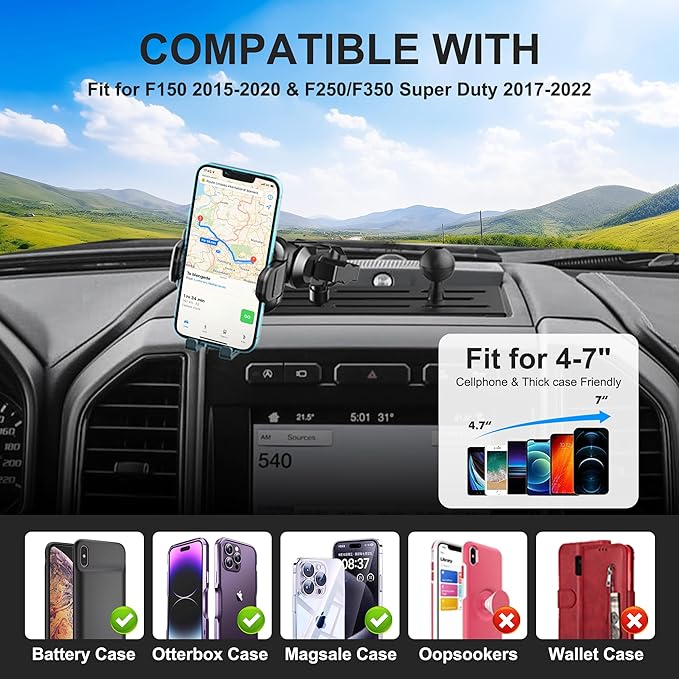 Surfcabin Dash Mount Phone Holder Compatible with 2015-2020 F150 2017-2022 F250 F350 Metal Cellphone Mounting Bracket Stand for Most CellPhones