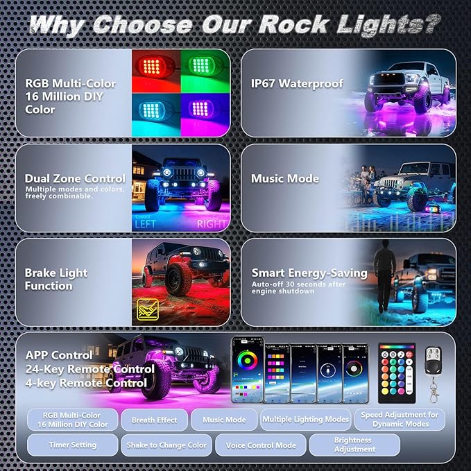 10Pods RGB LED Rock Lights for Jeep Trucks Golf Cart ATV UTV RZR SUV Offroad,Multicolor Underglow Light Kit with APP/RF Remote Dual Zone Neon Vehicle Accent Underbody Light 12V Waterproof
