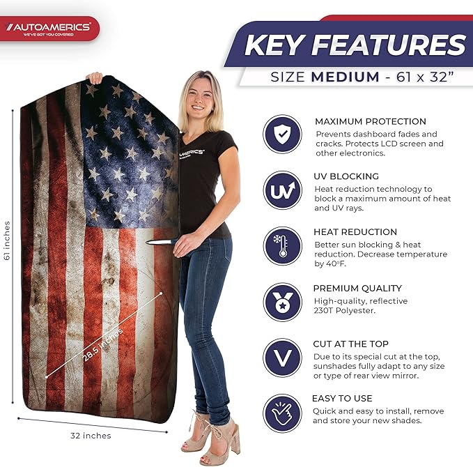 Autoamerics 1-Piece Windshield Sun Shade Grunge American Flag - 2 USA Design - Foldable Car Front Window Sunshade for Most Sedans SUV Truck - Blocks Max UV Rays and Keeps Your Vehicle Cool - Medium