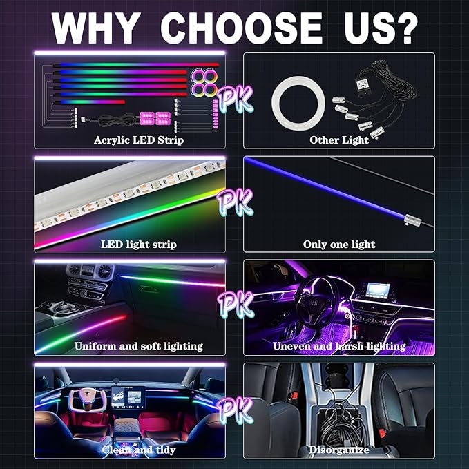 WEBUPAR Dreamcolor Acrylic Interior Car Lights, 22 in 1 RGB Car LED Strip Lights with APP Control and 213 Color Modes, Car Accessories Car Decorative Lights, Neon Car Ambient Lighting Kits