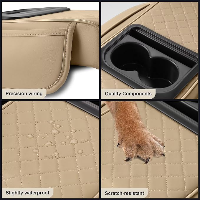 Center Console Cover Fit for Land Cruiser Faux Leather Car Armrest Cushion with Storage Bags, Cup Holder ＆ Phone Storage Multifunctional Middle Console Cover(Beige)