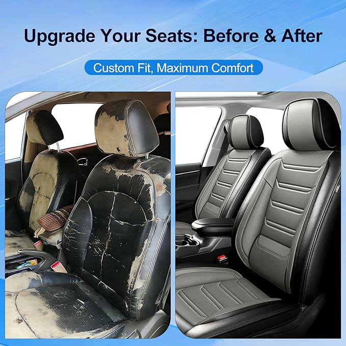 Fit Colorado Car Seat Covers for Select Chevy/Chevrolet Colorado 2015-2026, Premium Full Coverage Leather, Waterproof All Weather Breathable Seat Cushion Protector, Front Pair Black+Gray
