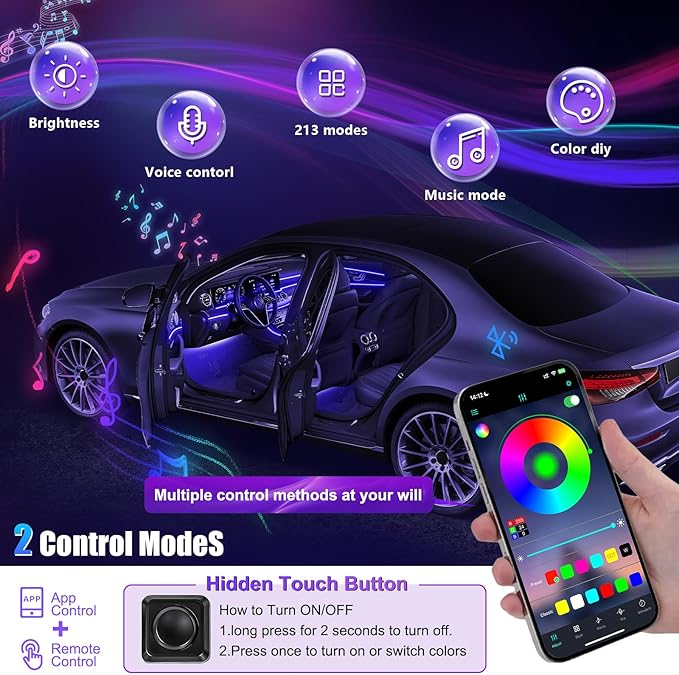 Acrylic Interior Car LED Strip Light with APP, RGB 6 in 1 with 175 inches 600 LEDs Fiber Optic Ambient Lighting Kits, 16 Million Colors Sound Active Function Car Neon LED Strip for Car