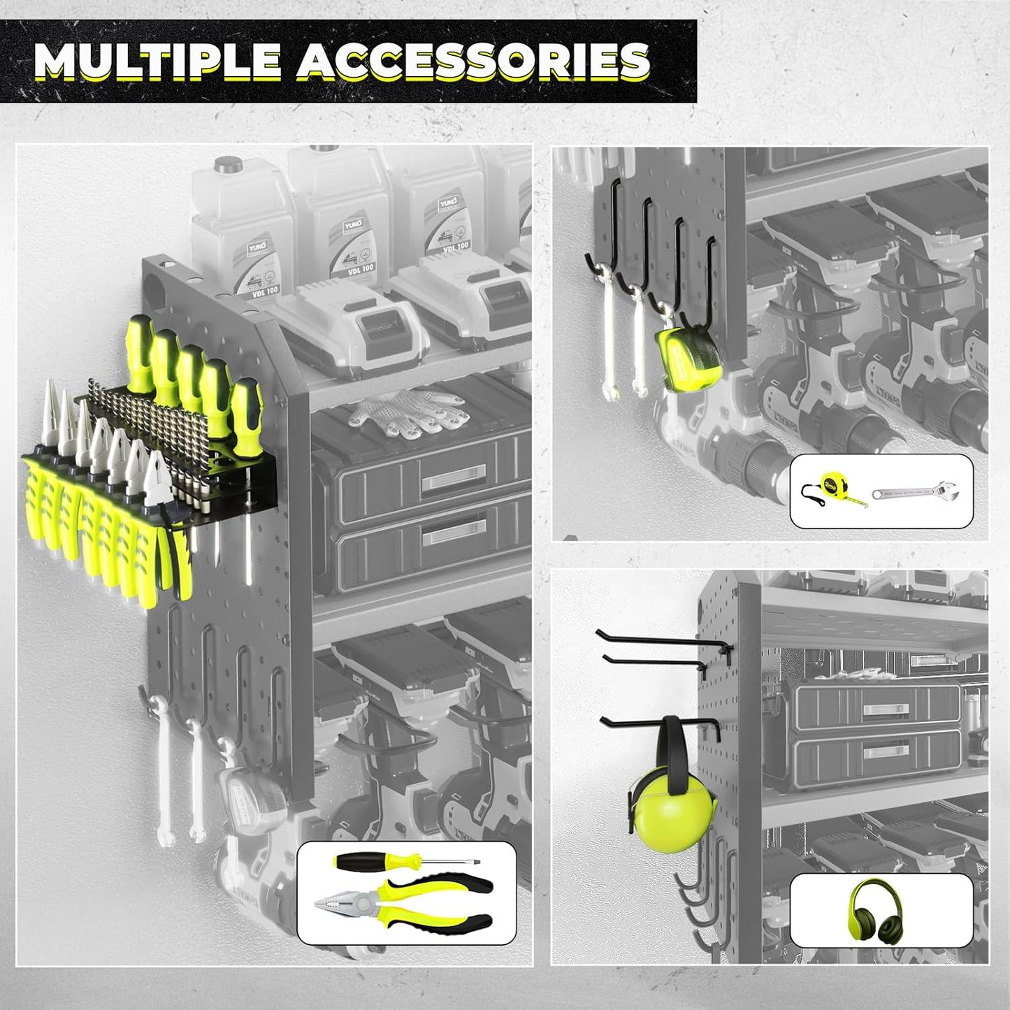 KAFAHOM Power Tool Organizer with Charging Station, Built in 8 Outlet Power Strip,Large 8 Drill Holder Wall Mount, Heavy Duty Metal Power Tool Storage Rack Tool Shelf for Garage Organization