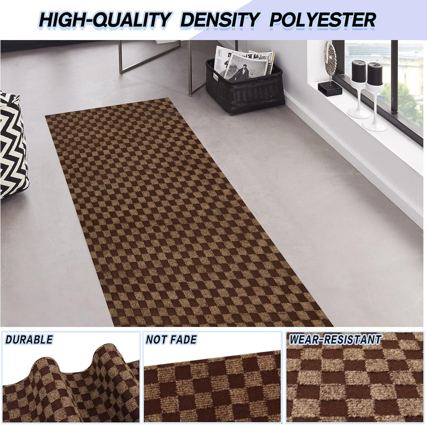 Custom Size Backed Non-Slip Area Rugs Runner, Easy Clean, Waterproof Runner Rugs for Hallway Entryway, Kitchen, Laundry, 3FT x 19FT, Brown Checkered