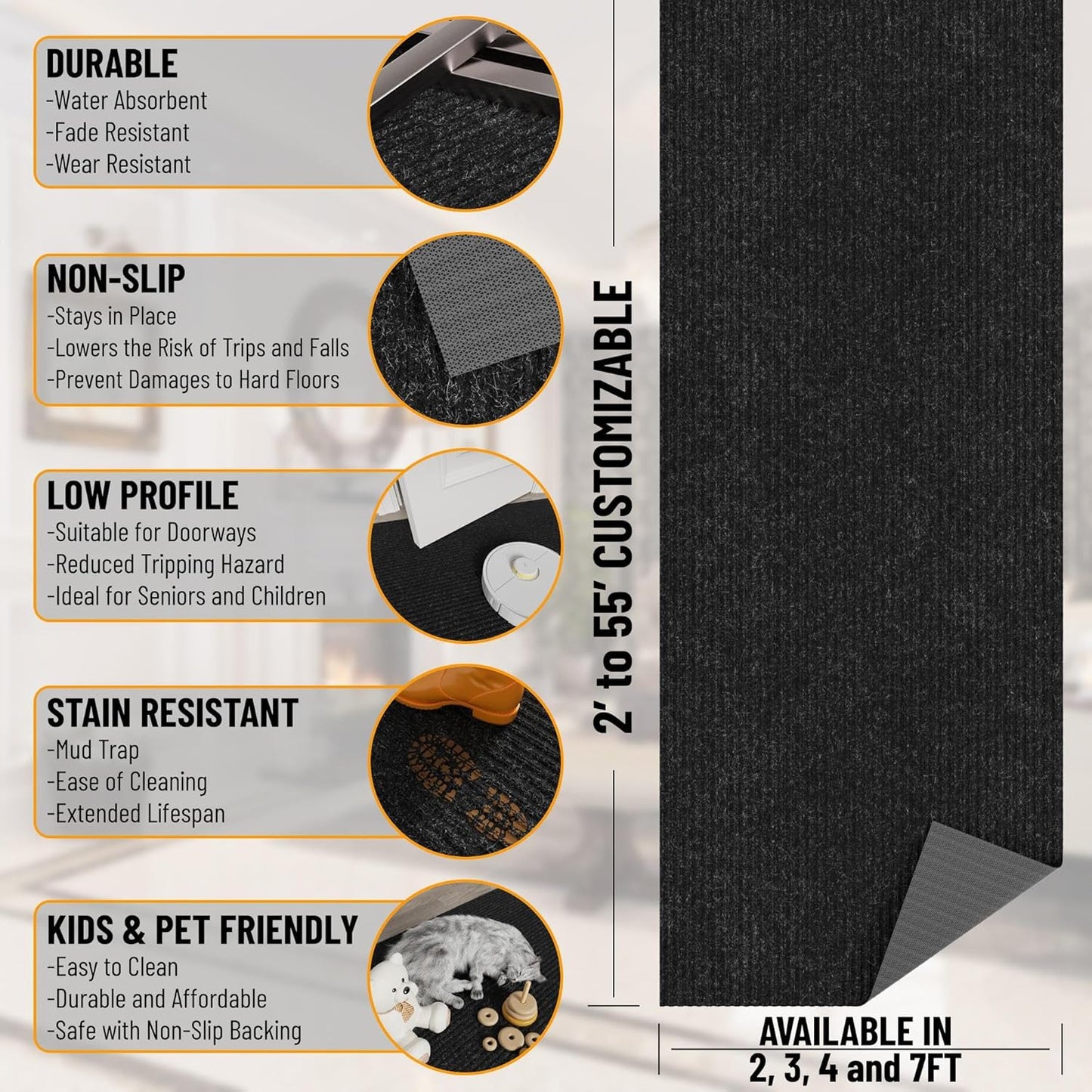 Ottomanson 2'7" x 48' Hallway Runner with Scraper Pile - Extra Durable Non-Slip Rug Mat for Indoor & Outdoor Use - Ideal for Kitchen, Entryway & Garage - High-Traffic Carpet, Black