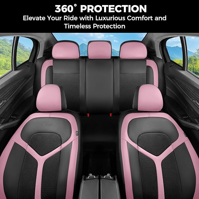 FLORICH Car Seat Covers Full Set, Universal Seat Cover 5 Seats, Automotive Seat Covers with Mesh Leather, Waterproof Car Seat Protector, Breathable Car Seat Cushion for Most Car SUV Truck, Pink