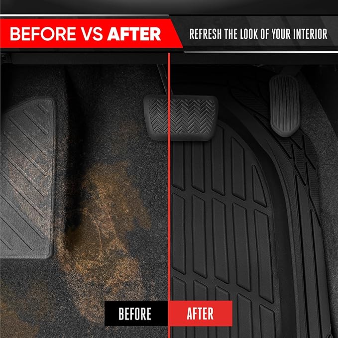 Motor Trend FlexTough 4-Piece Heavy Duty Floor Mats for Cars Trucks SUVs, Automotive Floor Mats Car Mats Full Set Front, Rear & Cargo, Trim-To-Fit Semi-Custom Deep Dish All Weather Rubber Mats - Black