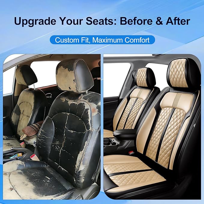 Fit Bolt Car Seat Covers for Select Chevrolet Bolt/Bolt EUV 2017-2025, Premium Full Coverage Leather, Airbag Compatible, Waterproof All Weather Seat Cushion Protector, Front Pair Black+Beige