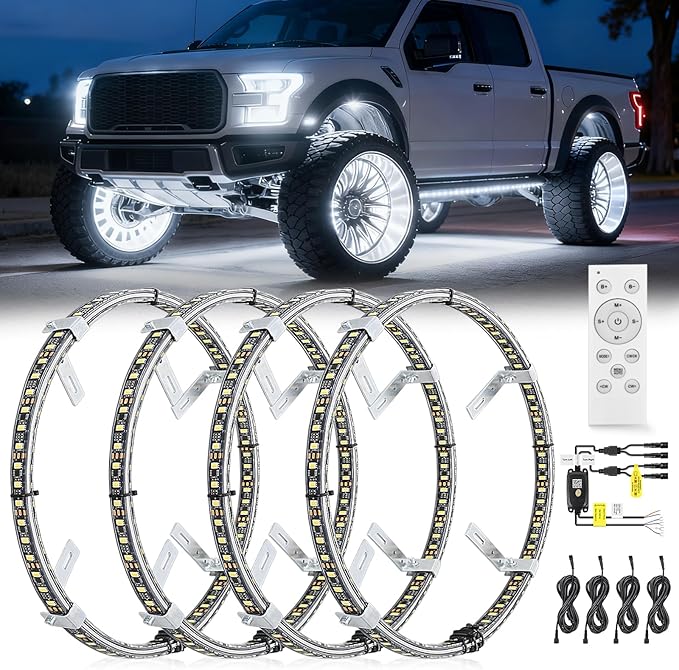 Nilight 4PCS 17inch Double Row LED Wheel Ring Lights Pure White with Remote Control w/Turn Signal Braking and Reverse Function Dual Row for Car Van SUV Truck
