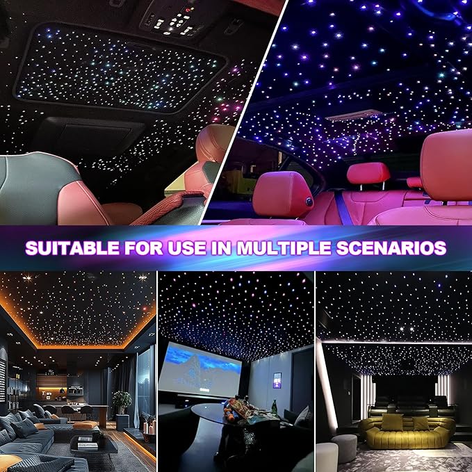 36W 4-Color RGBW Car Starlight Headliner Kit, 500pcs0.03in9.8ft, Twinkle & Sound Activate 4-Port Fiber Optic Light Engine with Bluetooth APP&Remote Control, Star Lights for Car and Home