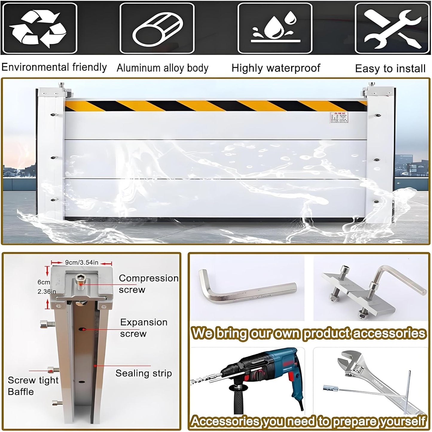 Flood Barriers for Home Exterior,Aluminum Alloy Outdoor Garage Doors Water Barriers for Flooding(H7.9Inch,L9FT)