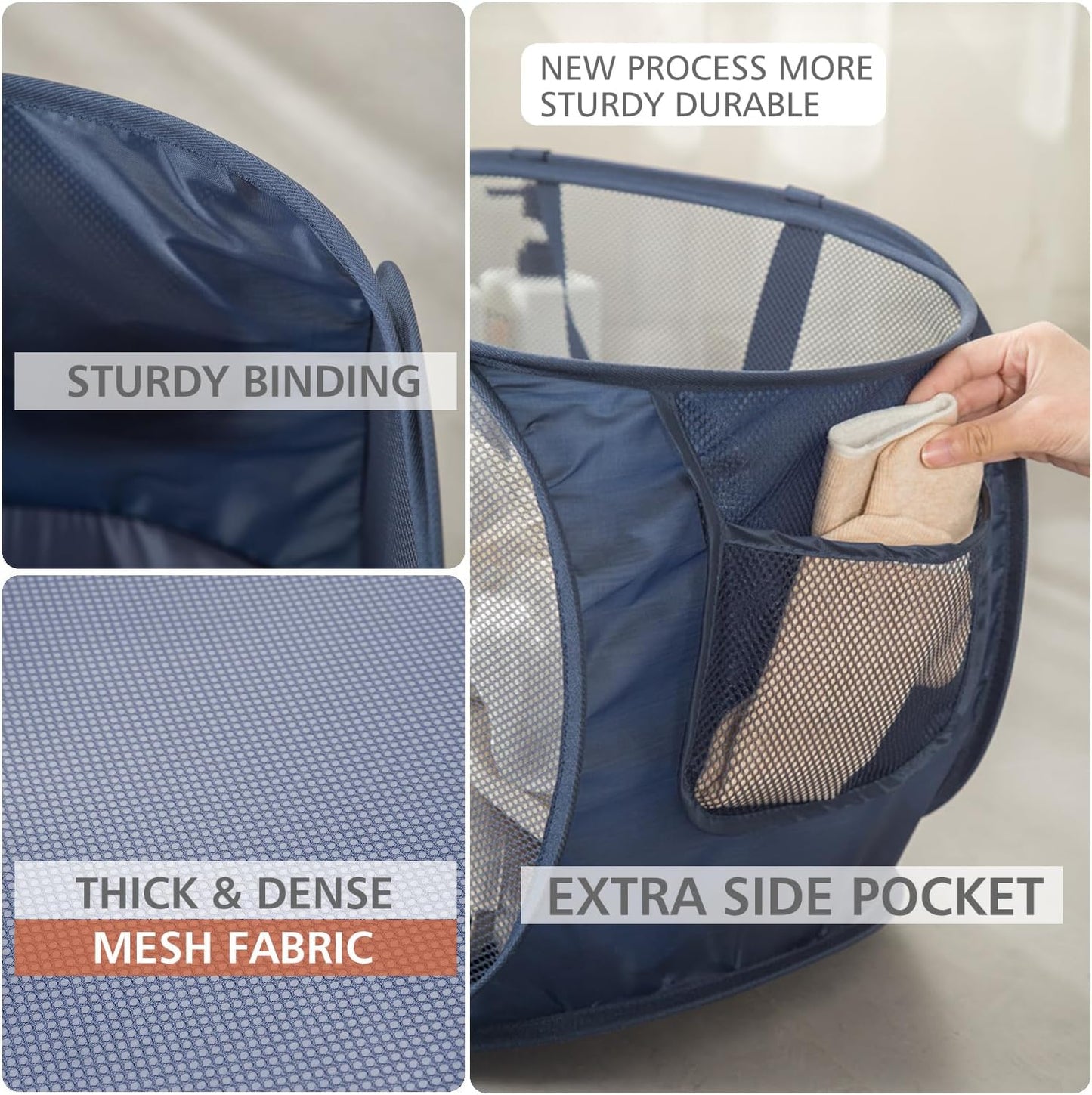 HONOMA Sturdy Mesh Laundry Hamper Basket Bag,Pop up Basket with Side Pocket for Laundry Room, Bathroom, Kids Room, College Dorm or Travel (Pop Horizontal, White)