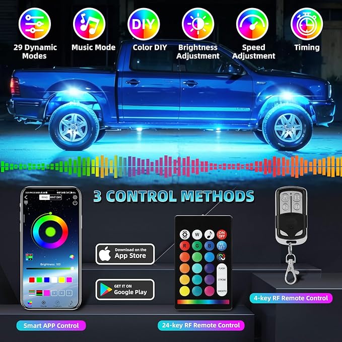 16 Pods RGB LED Rock Lights for Semi Trucks Offroad Pickup Trailer Sedan, Segmented Change Color Underglow Lights Kit with APP/RF Control, 12V Waterproof Neon Multicolor Vehicle Underbody Light