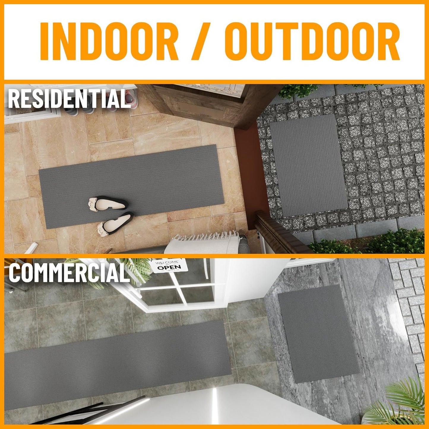 Ottomanson 2' x 20' Hallway Runner with Scraper Pile Extra Durable Non-Slip Rug Mat for Indoor & Outdoor Use - Ideal for Kitchen, Entryway, Patio & Garage - High-Traffic Carpet, Gray