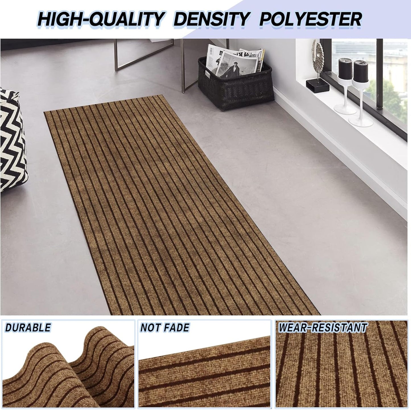 Custom Size Backed Non-Slip Area Rugs Runner, Easy Clean, Waterproof Runner Rugs for Hallway Entryway, Kitchen, Laundry, 3FT x 68FT, Brown Stripe