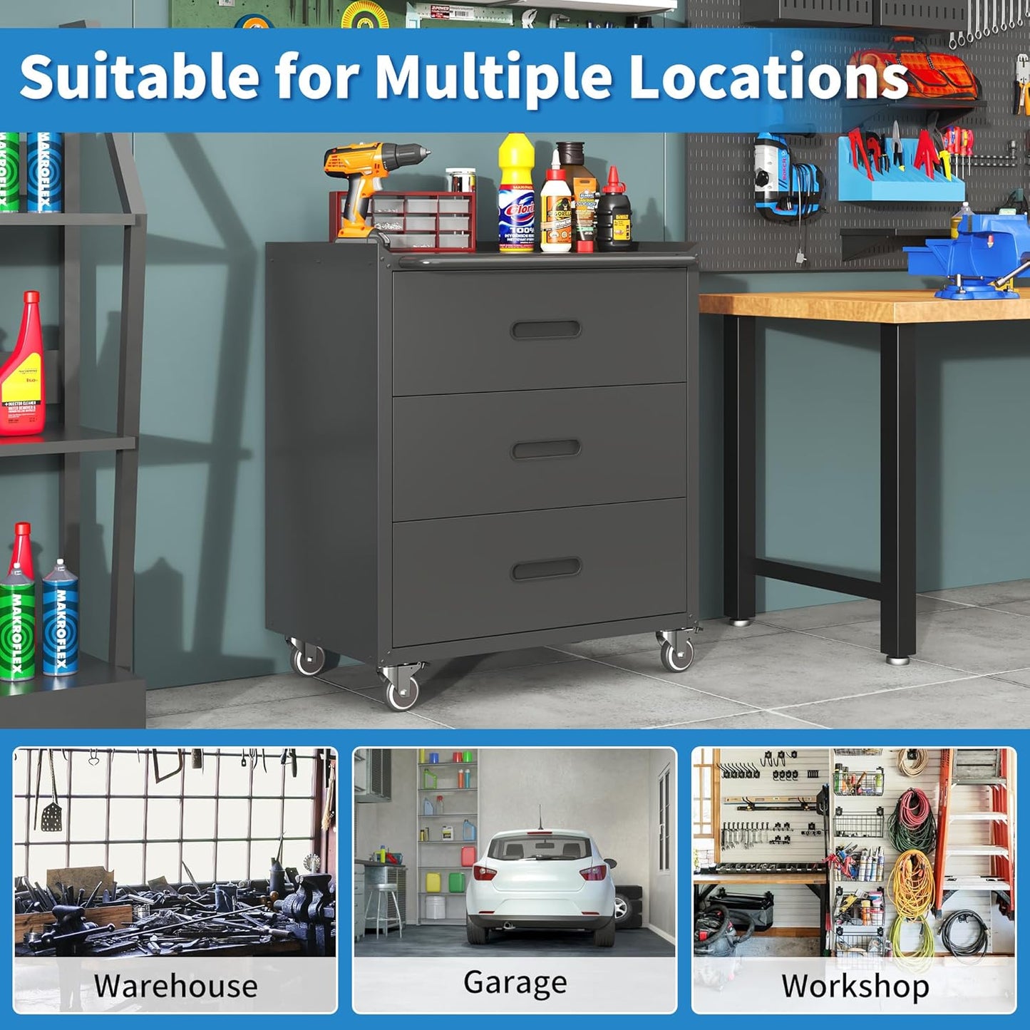 Metal Garage Storage Cabinet with Wheels,Locking Rolling Tool Cabinet with Drawers and Shelves for Home, Office, Garage & Workshop