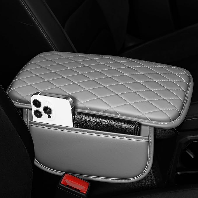 Center Console Cover for Cars Fit for Jeep Grand Cherokee L Leather Armrest Covers with 2 Storage Bags(Grey)