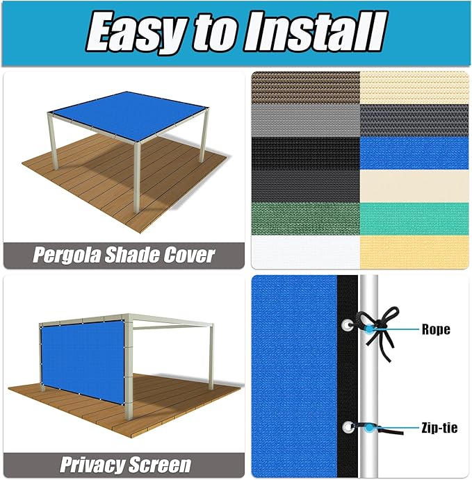 Amagenix 90% Pergola Shade Cover 8' X 14' Sun Shade Cloth with Grommets for Outdoor Garden Patio Porch, Commercial Grade 200 GSM - Cable Zip Ties Included (We Customized) GN108, Blue