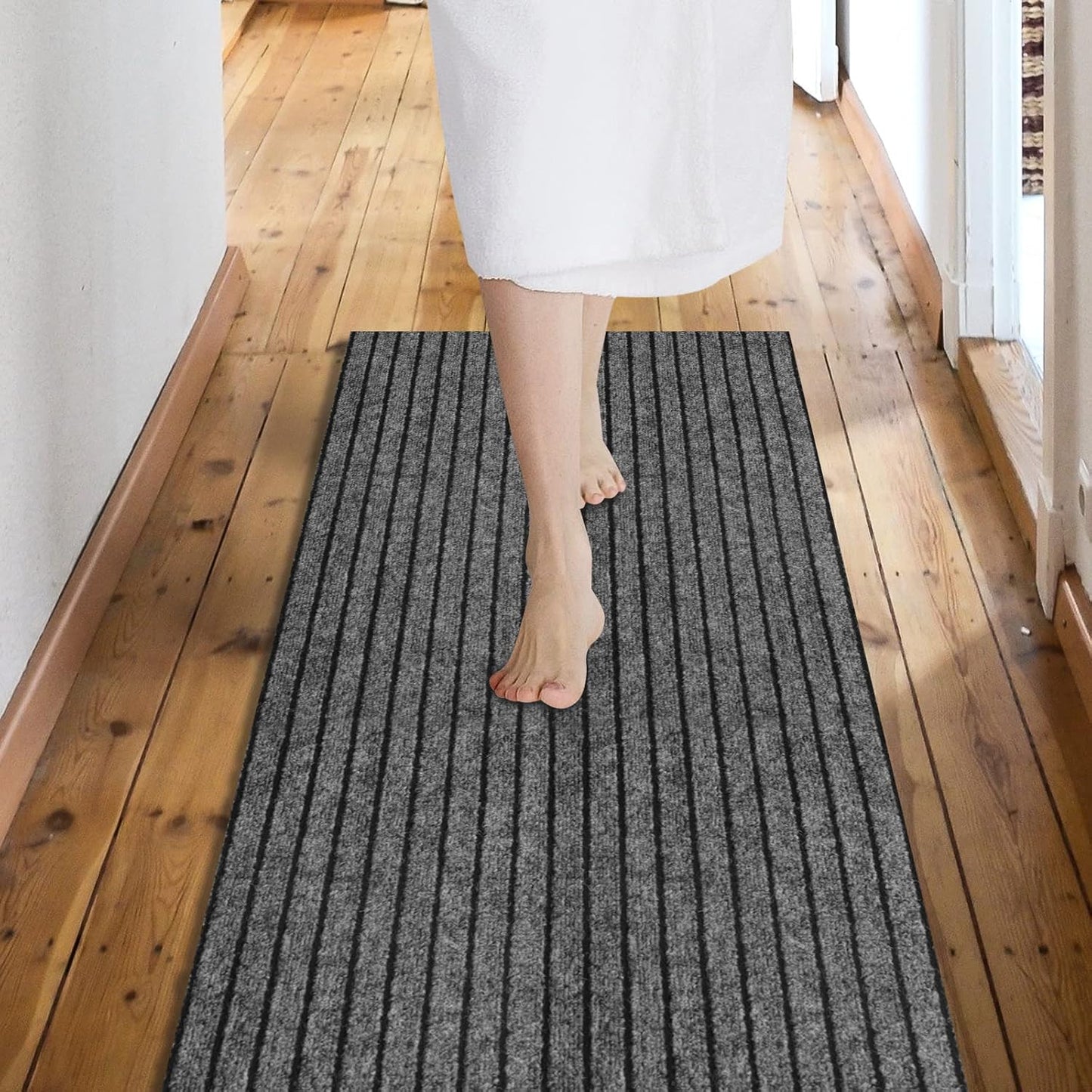 Custom Size Backed Non-Slip Area Rugs Runner, Easy Clean, Waterproof Runner Rugs for Hallway Entryway, Kitchen, Laundry, 4FT x 52FT, Gray Stripe