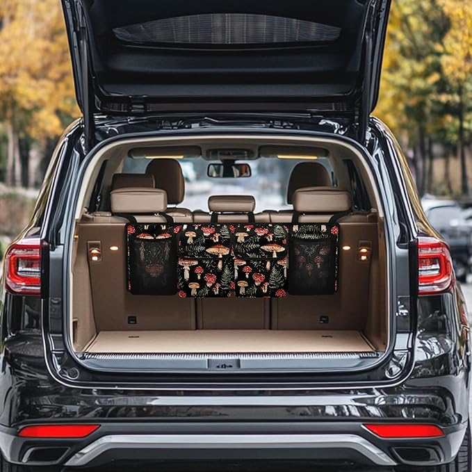 Mushroom Back Trunk Seat Organizer for SUV, Sedan, Van, Oxford Cloth, Equipped with Robust Elastic Net, Hanging Car Storage Organizer with Lids, Easy to Clean & Install In All Vehicles