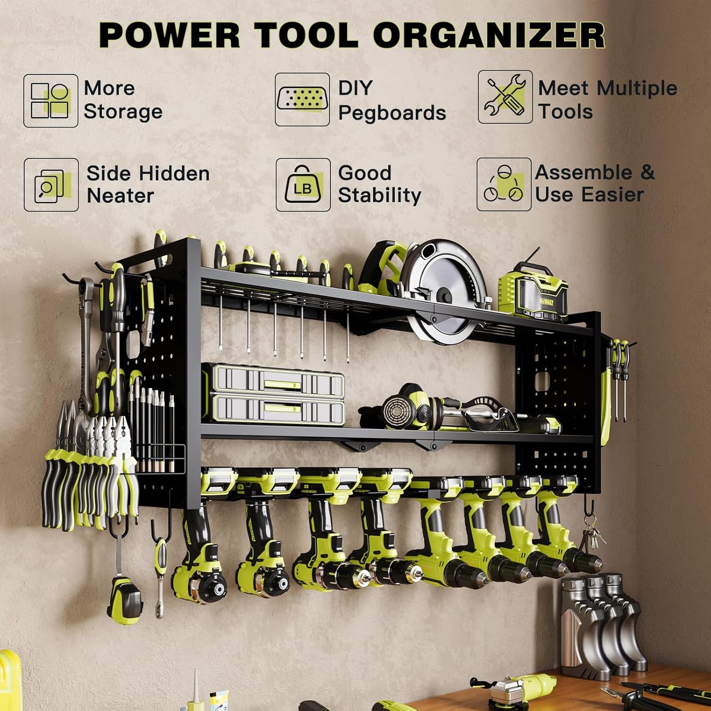 Power Tool Organizer Wall Mount,Cordless Drill Hanger Storage Rack 8 Drill Holder,3 Layers Heavy Duty Power Tool Storage Rack (Black)
