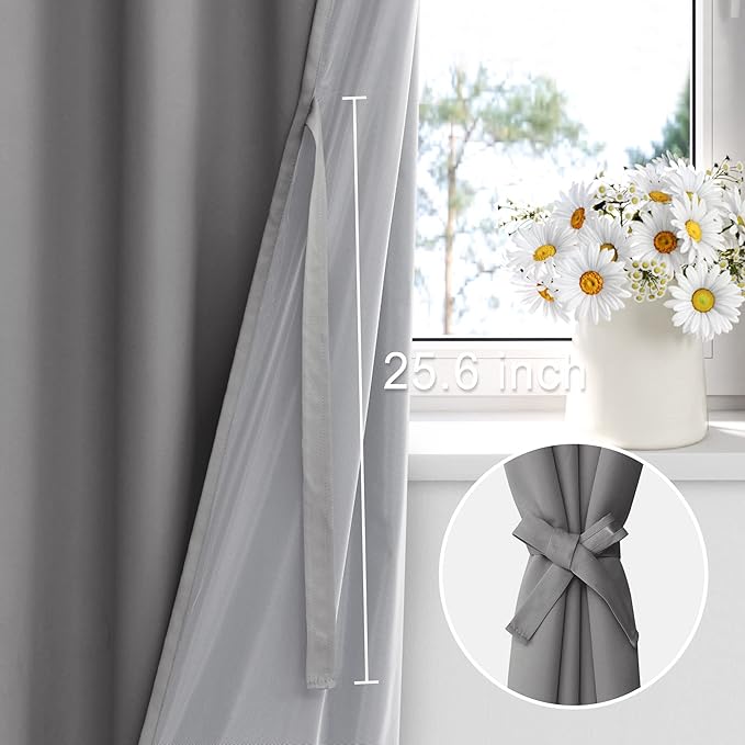 XWZO Complete Blackout Shades Window Curtain Panels with Tiebacks- Noise Reduction and Light Blocking Grommet Curtains with Black Liner for Studio, Basement Room, Grey, W52 x L54, Set of 2