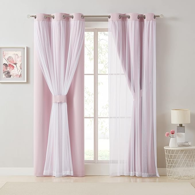 Bujasso Pink Blackout Curtains with Sheer Overlay Mix and Match Double Layer 80% Room Darkening Window Treatment Set for Girls Bedroom Living Room Pink Drapes with Tiebacks Grommet Top 54" Wx63 Lx2