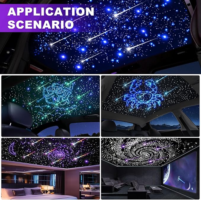 Car Starlight Headliner Kit, 16W Twinkle & Meteor Star Ceiling Lights, 2 in 1 Fiber Optic Light Engine 1100pcs*0.02in*9.8ft+240 RGBW Shooting Stars Lights for Car Home Roof Décor