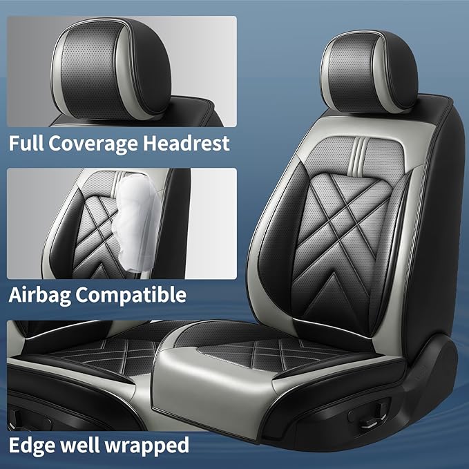Car Seat Covers Fit for Mazda 3 2007-2026, Premium Leather, Full Coverage Leather Waterproof Breathable Seat Covers, Automotive Seat Protectors, Airbag Compatible(2 Front Seats, Black Gray)