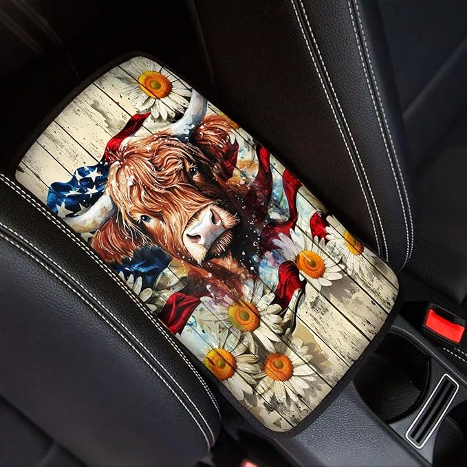 Suobstales Highland Cattle Daisy Print Car Armrest Pad Wood American Flag Design Soft Center Console Arm Rest Protector Cover Universal Car Interior Accessories Decoration