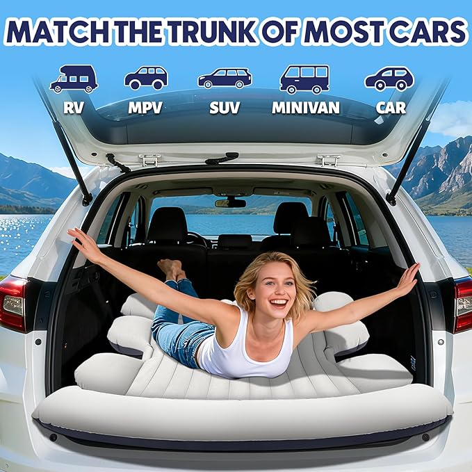 SUV Air Mattress with Air Pump,Thickened Camping Bed with 2 Pillows,Portable Car Air Mattress,Quick Easy Set-Up,Inflatable Bed for Car,Durability car Bed for SUV, Home,Travel,Camping(GreyBlue)