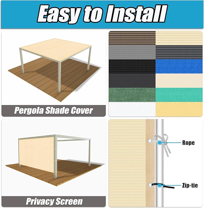 Amagenix 90% Pergola Shade Cover 7' X 12' Sun Shade Cloth with Grommets for Outdoor Garden Patio Porch, Commercial Grade 200 GSM - Cable Zip Ties Included (We Customized) GN108, Wheat