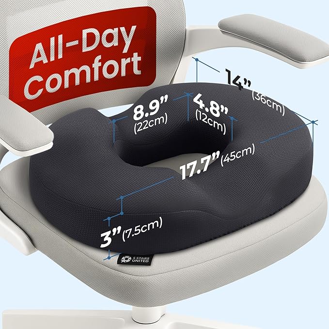 5 STARS UNITED Donut Pillow Hemorrhoid Tailbone Cushion – Large Floor Cushion for Pain Relief – Coccyx, Prostate, Sciatica, Pelvic Floor, Pressure Sores, Pregnancy, Postpartum Recovery, Arctic Black