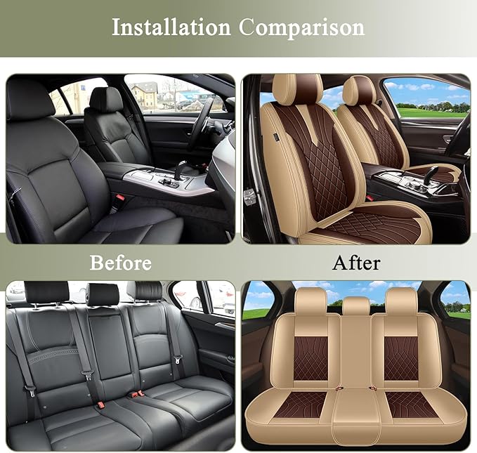 Breathable Car Seat Covers for Nissan Sentra 2009-2025 2026, Perforated Leather Full Set (Beige&Brown)