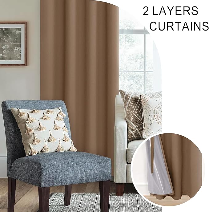 XWZO 100% Blackout Curtain Panels - Extra Long Thermal Insulated Black Liner Curtains, Noise Reducing and Heat Blocking Drapes for Bedroom with Tiebacks, Cappuccino, W52 x L108, Set of 2