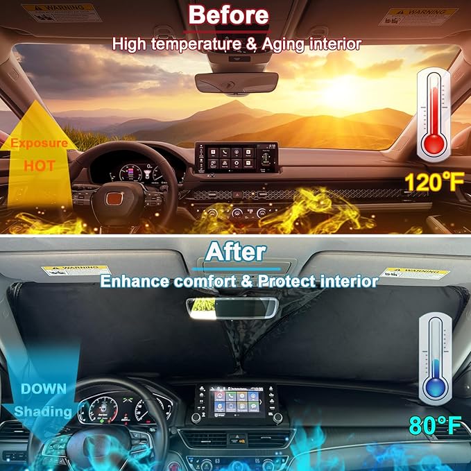 PIMCAR Windshield Sun Shade for 2023 2024 2025 2026 Honda Accord, 310T Reflective Polyester Front Window Sun Visor Blocks UV Rays Foldable Sunshade Honda Accord Accessories